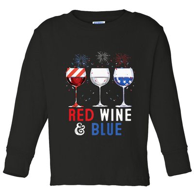 Red Wine And Blue Funny 4th Of July Wine Lover Toddler Long Sleeve Shirt