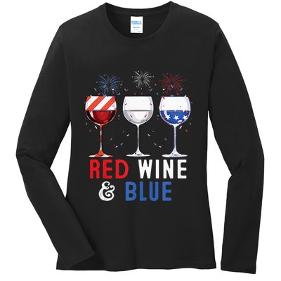 Red Wine And Blue Funny 4th Of July Wine Lover Ladies Long Sleeve Shirt