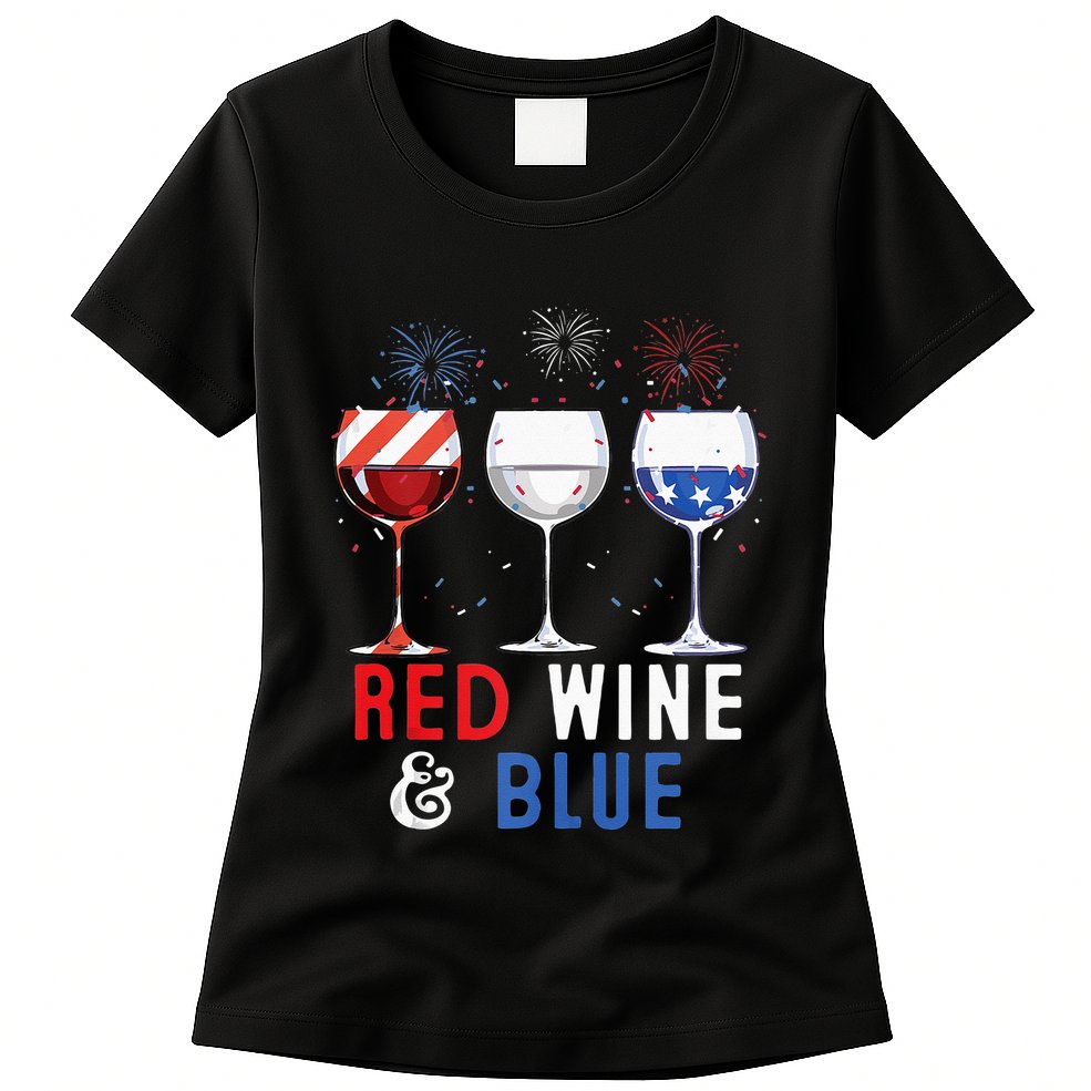 Red Wine And Blue Funny 4th Of July Wine Lover Womens T-Shirt
