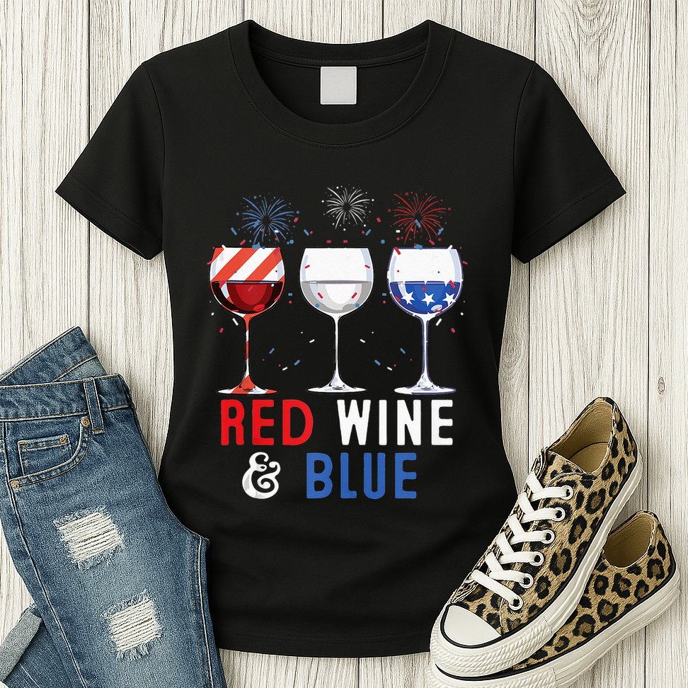 Red Wine And Blue Funny 4th Of July Wine Lover Womens T-Shirt