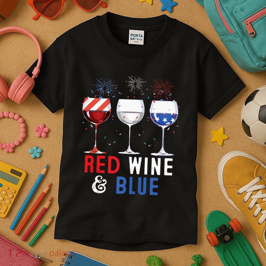 Red Wine And Blue Funny 4th Of July Wine Lover Kids T-Shirt