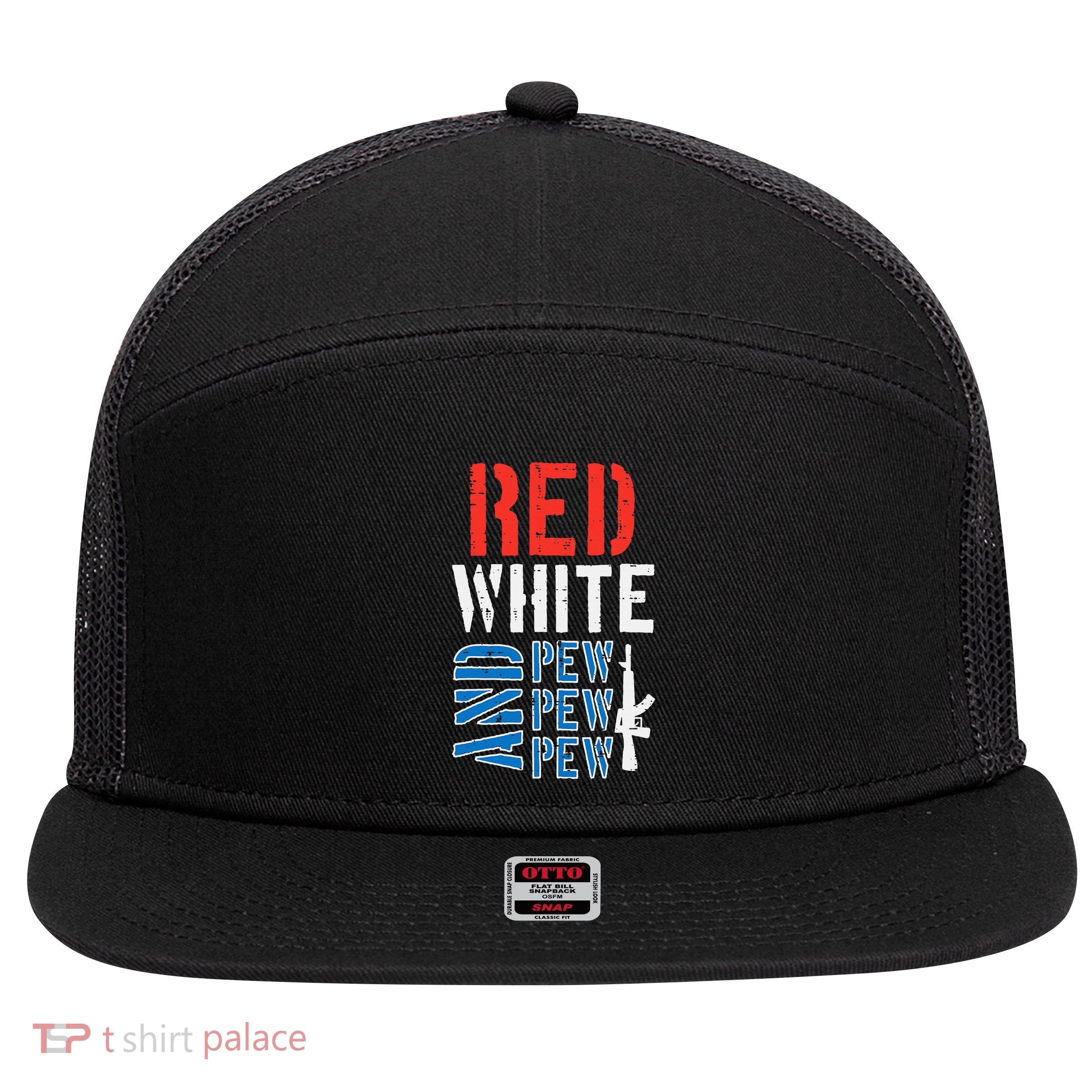 Red White And Pewpewpew Gun 7 Panel Mesh Trucker Snapback Hat