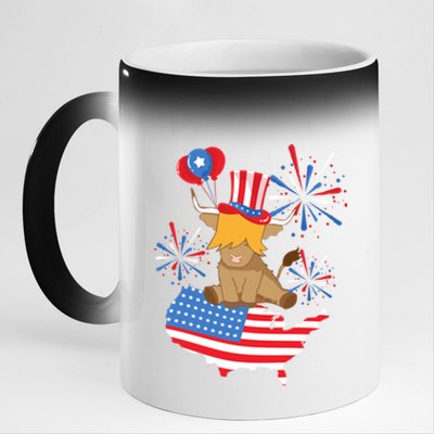 Red White And Moo Highland Cow 4th Of July Celebration Meaningful Gift 11oz Black Color Changing Mug