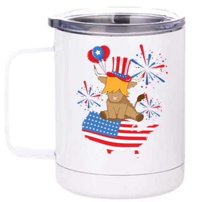 Red White And Moo Highland Cow 4th Of July Celebration Meaningful Gift 12 oz Stainless Steel Tumbler Cup