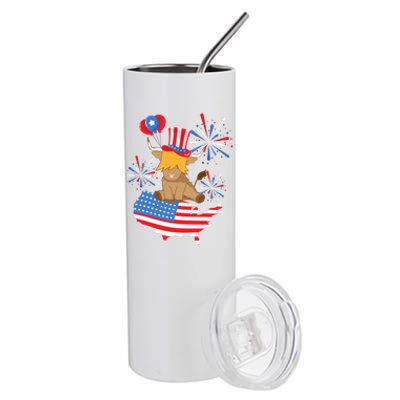 Red White And Moo Highland Cow 4th Of July Celebration Meaningful Gift Stainless Steel Tumbler