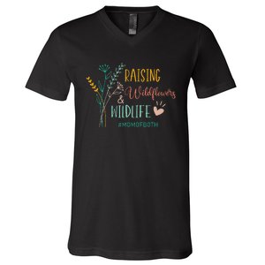 Raising Wildflowers And Wildlife Mom Of Both Mom Mothers Day V-Neck T-Shirt