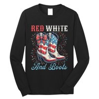 Red White And Boots Cute Coquette Cowgirl Independence Day Long Sleeve Shirt