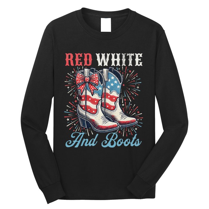 Red White And Boots Cute Coquette Cowgirl Independence Day Long Sleeve Shirt