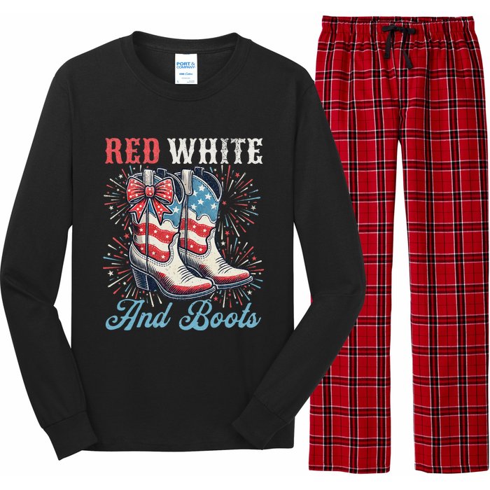 Red White And Boots Cute Coquette Cowgirl Independence Day Long Sleeve Pajama Set