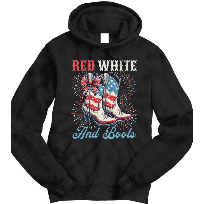 Red White And Boots Cute Coquette Cowgirl Independence Day Tie Dye Hoodie