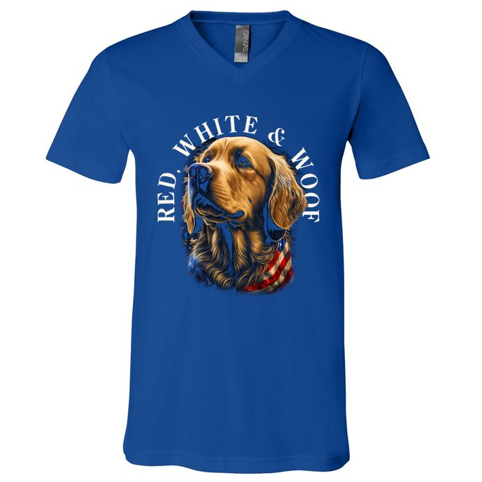 Red White And Woof Patriotic Golden Retriever Lover July 4th Gift V-Neck T-Shirt