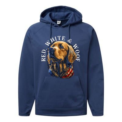 Red White And Woof Patriotic Golden Retriever Lover July 4th Gift Performance Fleece Hoodie