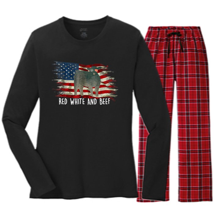 Red White And Beef Vintage Usa Flag 4th Of July Women's Long Sleeve Flannel Pajama Set 