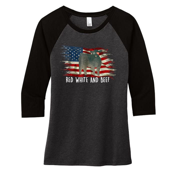 Red White And Beef Vintage Usa Flag 4th Of July Women's Tri-Blend 3/4-Sleeve Raglan Shirt