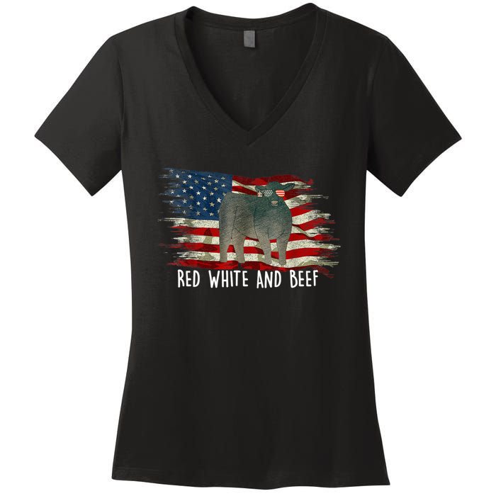 Red White And Beef Vintage Usa Flag 4th Of July Women's V-Neck T-Shirt