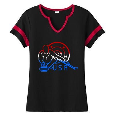 Red White And Blue Curling Flag Curling Stone Usa Art Gift Ladies Halftime Notch Neck Tee