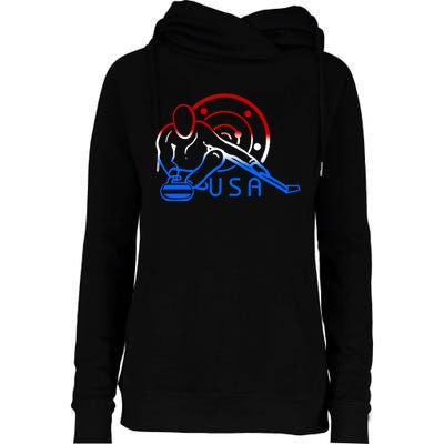 Red White And Blue Curling Flag Curling Stone Usa Art Gift Womens Funnel Neck Pullover Hood