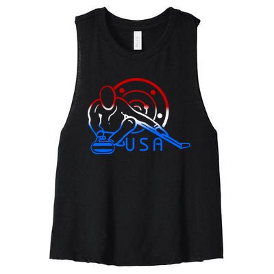 Red White And Blue Curling Flag Curling Stone Usa Art Gift Women's Racerback Cropped Tank