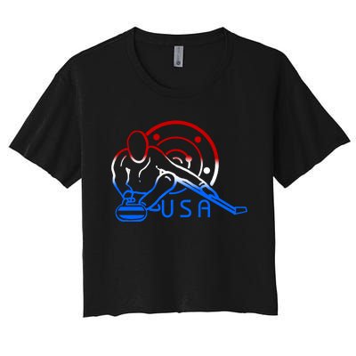 Red White And Blue Curling Flag Curling Stone Usa Art Gift Women's Crop Top Tee