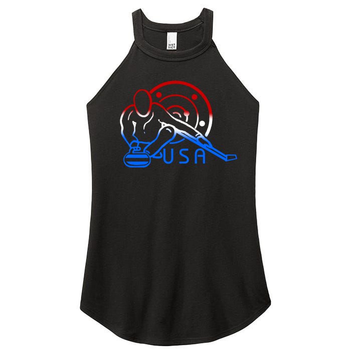 Red White And Blue Curling Flag Curling Stone Usa Art Gift Women’s Perfect Tri Rocker Tank