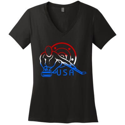 Red White And Blue Curling Flag Curling Stone Usa Art Gift Women's V-Neck T-Shirt