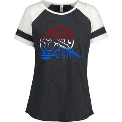 Red White And Blue Curling Flag Curling Stone Usa Art Gift Enza Ladies Jersey Colorblock Tee