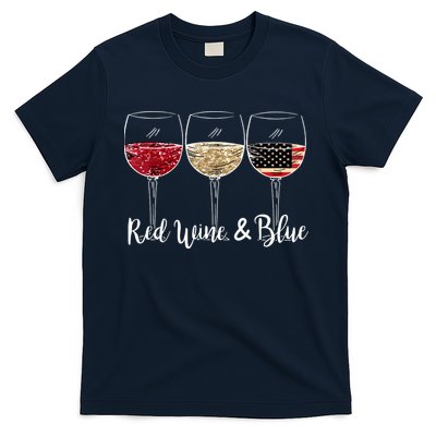 Red Wine And Blue Funny 4th Of July Drinking Wine Lover T-Shirt