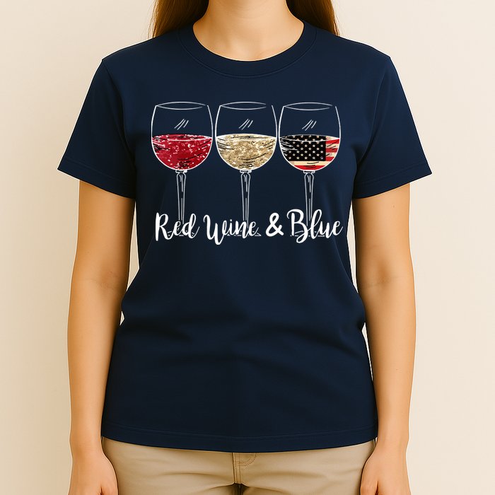 Red Wine And Blue Funny 4th Of July Drinking Wine Lover T-Shirt