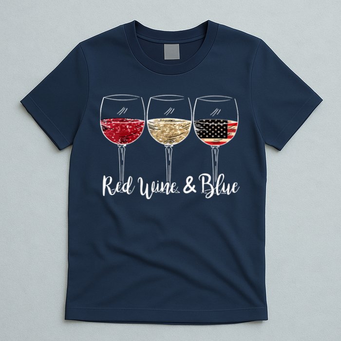 Red Wine And Blue Funny 4th Of July Drinking Wine Lover T-Shirt