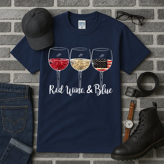 Red Wine And Blue Funny 4th Of July Drinking Wine Lover Tall T-Shirt