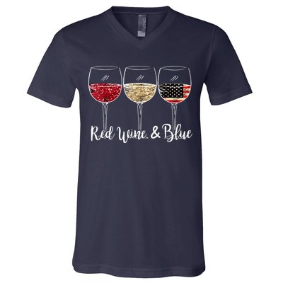 Red Wine And Blue Funny 4th Of July Drinking Wine Lover V-Neck T-Shirt