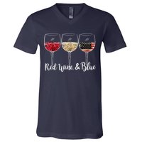 Red Wine And Blue Funny 4th Of July Drinking Wine Lover V-Neck T-Shirt