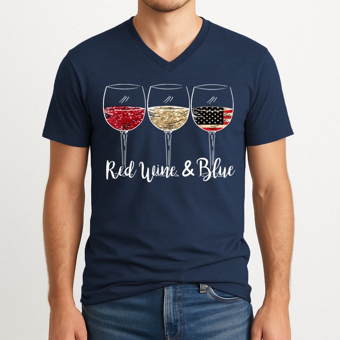 Red Wine And Blue Funny 4th Of July Drinking Wine Lover V-Neck T-Shirt