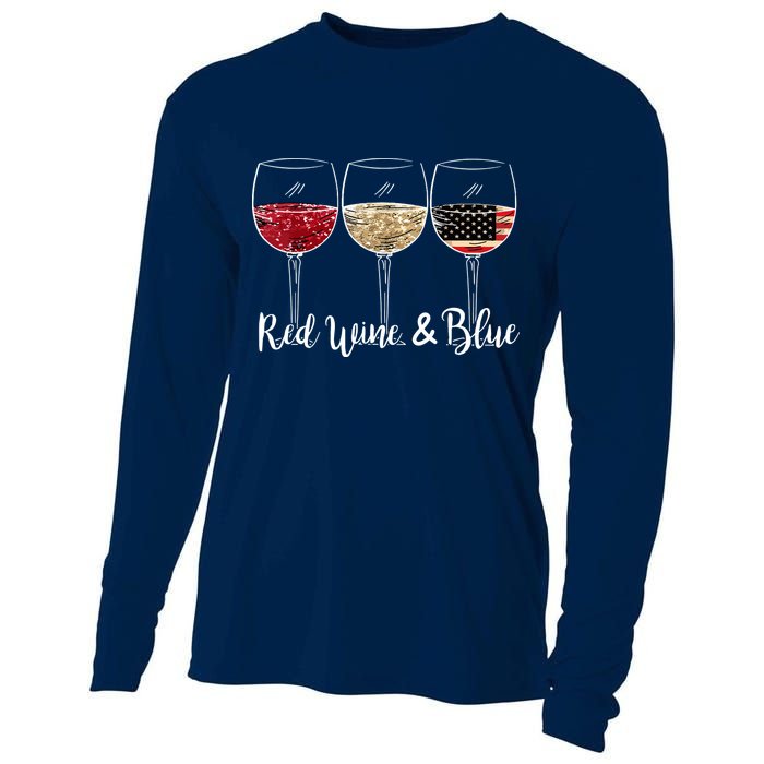 Red Wine And Blue Funny 4th Of July Drinking Wine Lover Cooling Performance Long Sleeve Crew