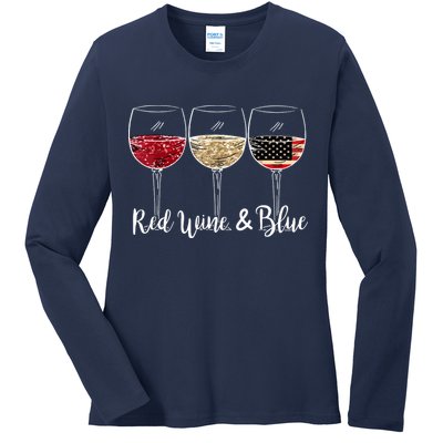 Red Wine And Blue Funny 4th Of July Drinking Wine Lover Ladies Long Sleeve Shirt
