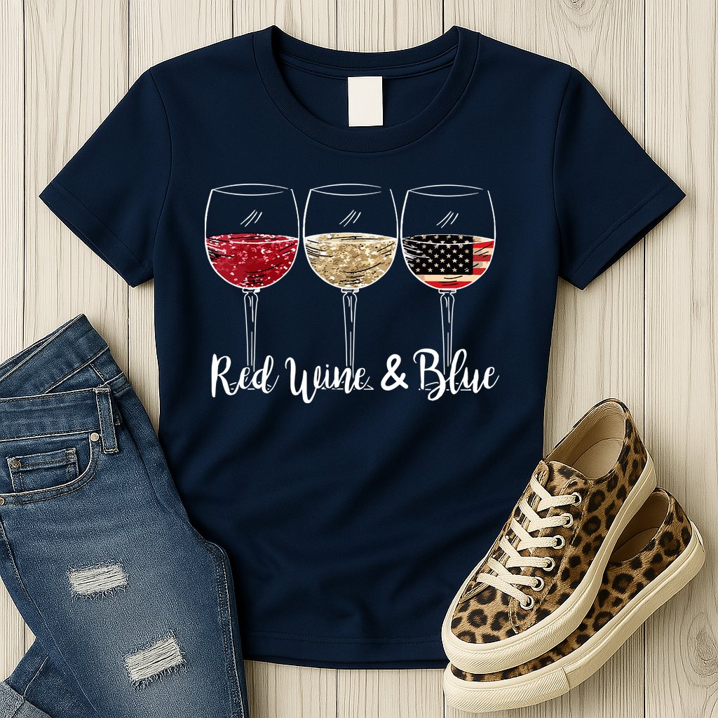 Red Wine And Blue Funny 4th Of July Drinking Wine Lover Womens T-Shirt