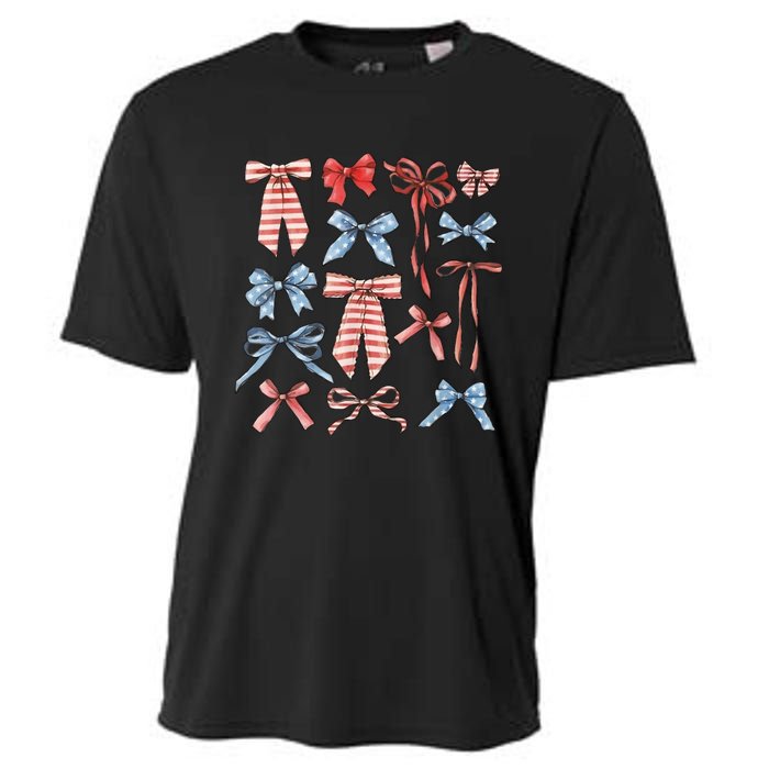 Red White And Blue American Coquette Bows Funny 4th Of July Cooling Performance Crew T-Shirt