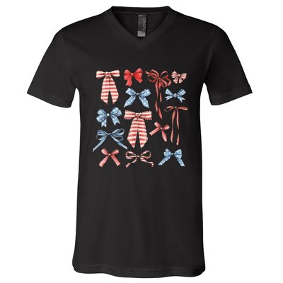 Red White And Blue American Coquette Bows Funny 4th Of July V-Neck T-Shirt