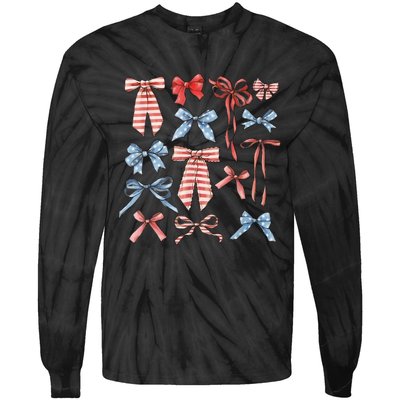 Red White And Blue American Coquette Bows Funny 4th Of July Tie-Dye Long Sleeve Shirt