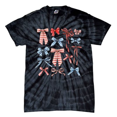 Red White And Blue American Coquette Bows Funny 4th Of July Tie-Dye T-Shirt