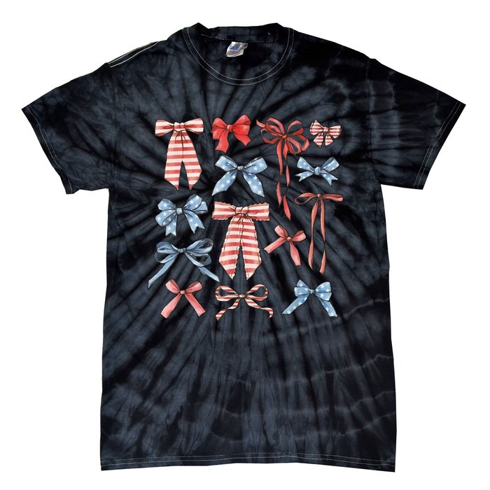 Red White And Blue American Coquette Bows Funny 4th Of July Tie-Dye T-Shirt