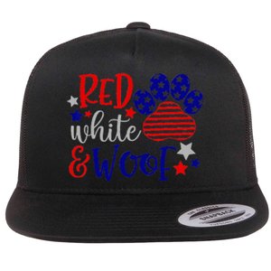 Red White And Woof Patriotic Dog Lover USA Flag 4th Of July Flat Bill Trucker Hat