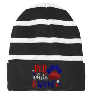 Red White And Woof Patriotic Dog Lover USA Flag 4th Of July Striped Beanie with Solid Band