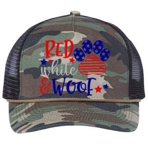 Red White And Woof Patriotic Dog Lover USA Flag 4th Of July Retro Rope Trucker Hat Cap