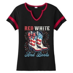 Red White And Boots Cute Coquette Cowgirl Independence Day Ladies Halftime Notch Neck Tee