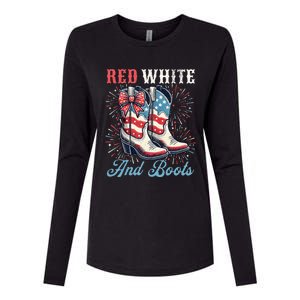 Red White And Boots Cute Coquette Cowgirl Independence Day Womens Cotton Relaxed Long Sleeve T-Shirt