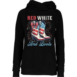 Red White And Boots Cute Coquette Cowgirl Independence Day Womens Funnel Neck Pullover Hood