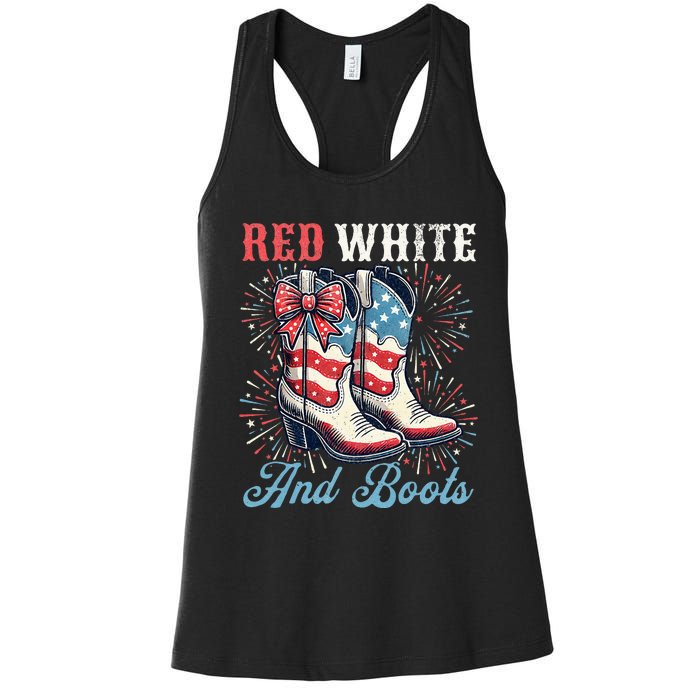 Red White And Boots Cute Coquette Cowgirl Independence Day Women's Racerback Tank