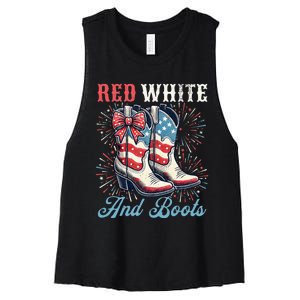 Red White And Boots Cute Coquette Cowgirl Independence Day Women's Racerback Cropped Tank