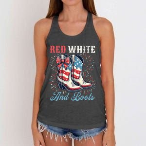 Red White And Boots Cute Coquette Cowgirl Independence Day Women's Knotted Racerback Tank